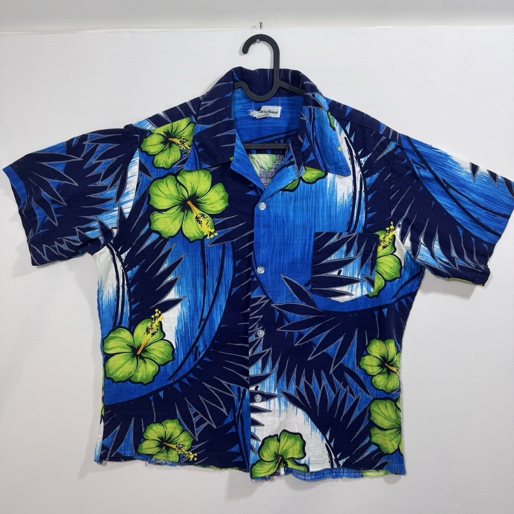 Vintage Hawaiian Shirt Blue Hibiscus Tropical Floral Button Up Men L XL Resort